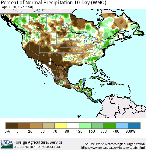 North America Percent of Normal Precipitation 10-Day (WMO) Thematic Map For 4/1/2022 - 4/10/2022