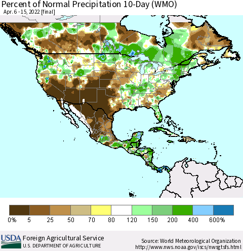 North America Percent of Normal Precipitation 10-Day (WMO) Thematic Map For 4/6/2022 - 4/15/2022