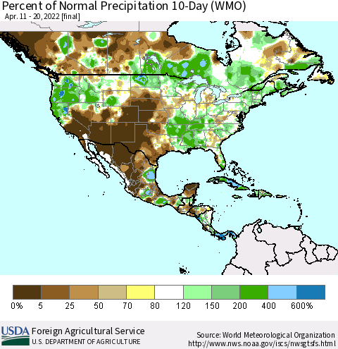 North America Percent of Normal Precipitation 10-Day (WMO) Thematic Map For 4/11/2022 - 4/20/2022