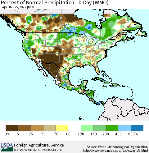 North America Percent of Normal Precipitation 10-Day (WMO) Thematic Map For 4/16/2022 - 4/25/2022