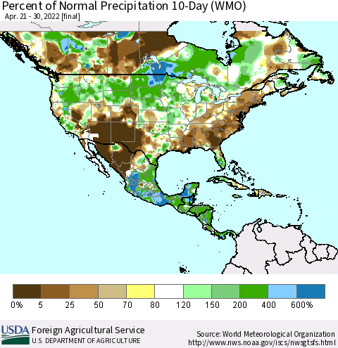 North America Percent of Normal Precipitation 10-Day (WMO) Thematic Map For 4/21/2022 - 4/30/2022