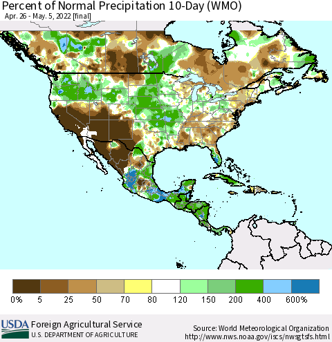 North America Percent of Normal Precipitation 10-Day (WMO) Thematic Map For 4/26/2022 - 5/5/2022