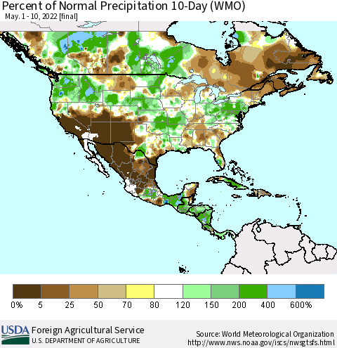 North America Percent of Normal Precipitation 10-Day (WMO) Thematic Map For 5/1/2022 - 5/10/2022