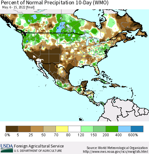 North America Percent of Normal Precipitation 10-Day (WMO) Thematic Map For 5/6/2022 - 5/15/2022