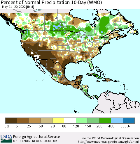 North America Percent of Normal Precipitation 10-Day (WMO) Thematic Map For 5/11/2022 - 5/20/2022