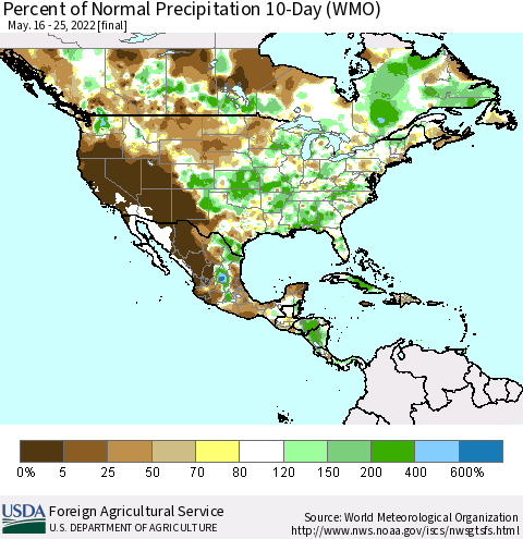 North America Percent of Normal Precipitation 10-Day (WMO) Thematic Map For 5/16/2022 - 5/25/2022
