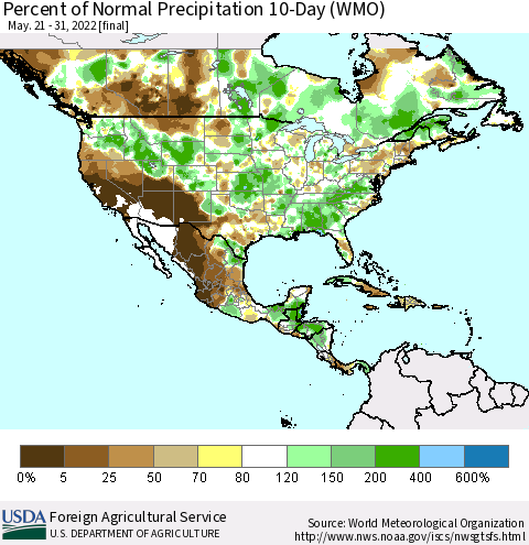 North America Percent of Normal Precipitation 10-Day (WMO) Thematic Map For 5/21/2022 - 5/31/2022