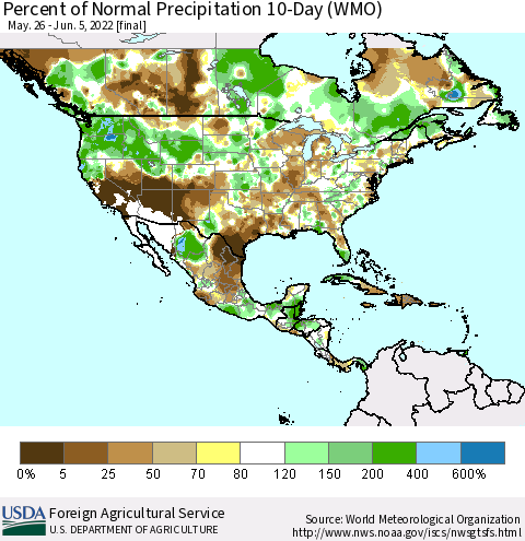 North America Percent of Normal Precipitation 10-Day (WMO) Thematic Map For 5/26/2022 - 6/5/2022