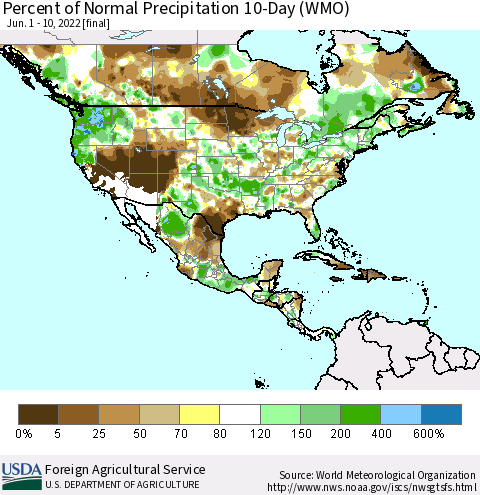 North America Percent of Normal Precipitation 10-Day (WMO) Thematic Map For 6/1/2022 - 6/10/2022
