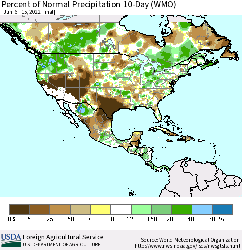 North America Percent of Normal Precipitation 10-Day (WMO) Thematic Map For 6/6/2022 - 6/15/2022