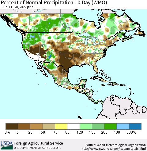 North America Percent of Normal Precipitation 10-Day (WMO) Thematic Map For 6/11/2022 - 6/20/2022