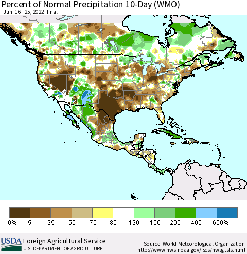 North America Percent of Normal Precipitation 10-Day (WMO) Thematic Map For 6/16/2022 - 6/25/2022