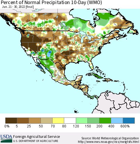 North America Percent of Normal Precipitation 10-Day (WMO) Thematic Map For 6/21/2022 - 6/30/2022