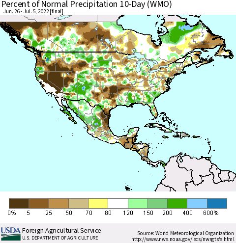 North America Percent of Normal Precipitation 10-Day (WMO) Thematic Map For 6/26/2022 - 7/5/2022
