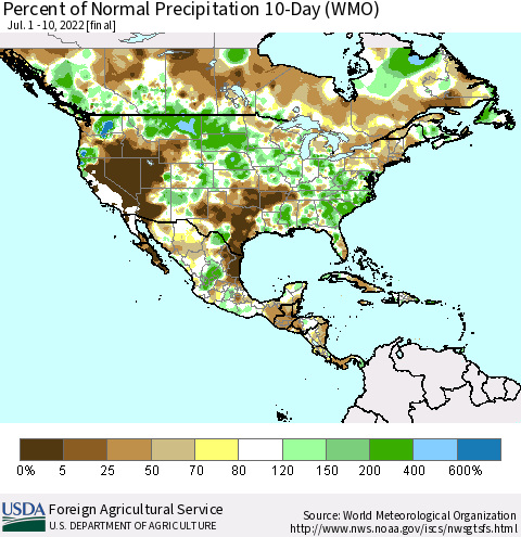 North America Percent of Normal Precipitation 10-Day (WMO) Thematic Map For 7/1/2022 - 7/10/2022