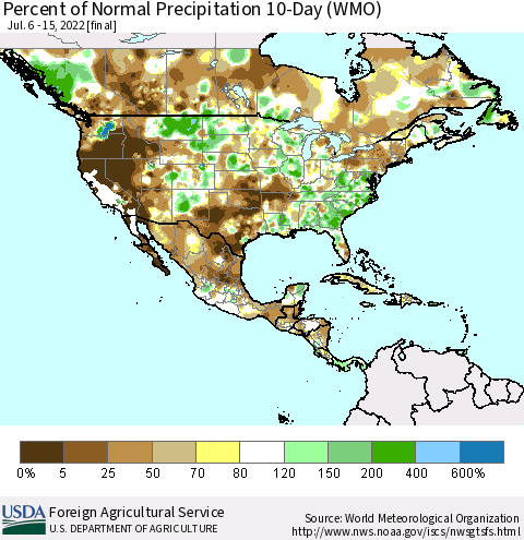 North America Percent of Normal Precipitation 10-Day (WMO) Thematic Map For 7/6/2022 - 7/15/2022