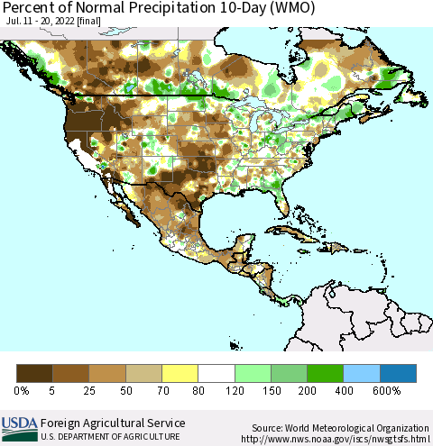 North America Percent of Normal Precipitation 10-Day (WMO) Thematic Map For 7/11/2022 - 7/20/2022
