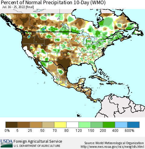 North America Percent of Normal Precipitation 10-Day (WMO) Thematic Map For 7/16/2022 - 7/25/2022