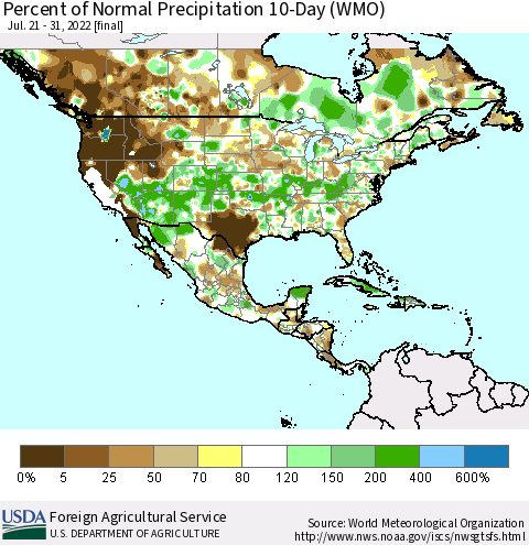 North America Percent of Normal Precipitation 10-Day (WMO) Thematic Map For 7/21/2022 - 7/31/2022