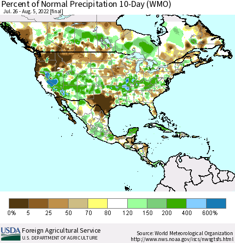 North America Percent of Normal Precipitation 10-Day (WMO) Thematic Map For 7/26/2022 - 8/5/2022