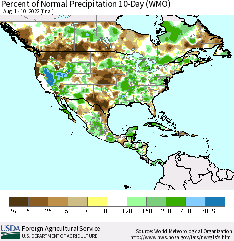 North America Percent of Normal Precipitation 10-Day (WMO) Thematic Map For 8/1/2022 - 8/10/2022