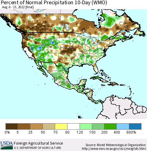 North America Percent of Normal Precipitation 10-Day (WMO) Thematic Map For 8/6/2022 - 8/15/2022