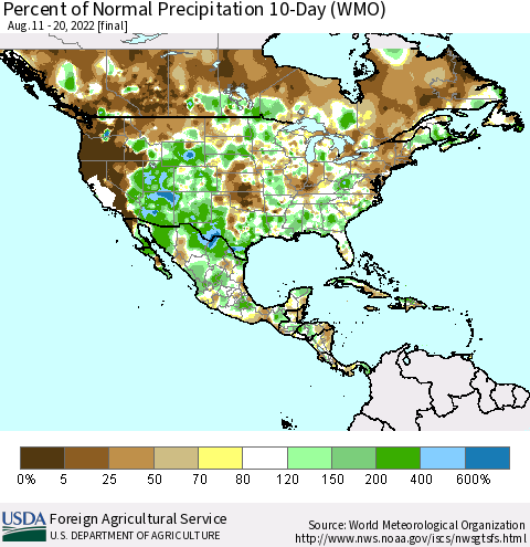 North America Percent of Normal Precipitation 10-Day (WMO) Thematic Map For 8/11/2022 - 8/20/2022