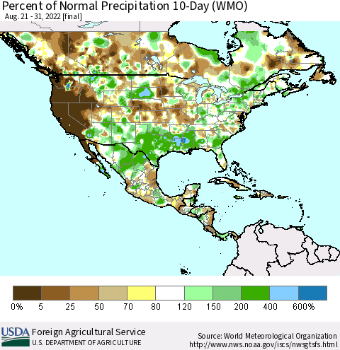 North America Percent of Normal Precipitation 10-Day (WMO) Thematic Map For 8/21/2022 - 8/31/2022