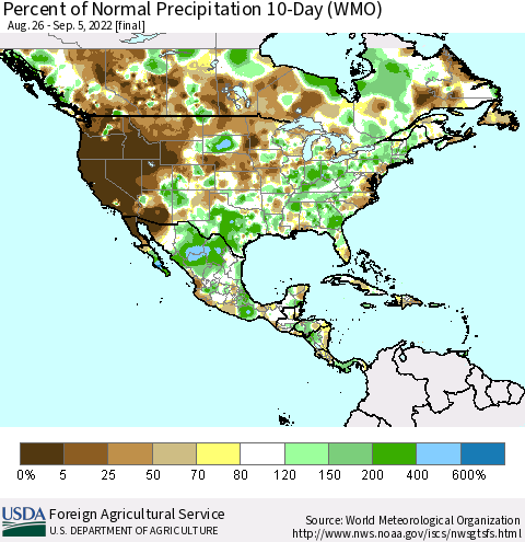 North America Percent of Normal Precipitation 10-Day (WMO) Thematic Map For 8/26/2022 - 9/5/2022