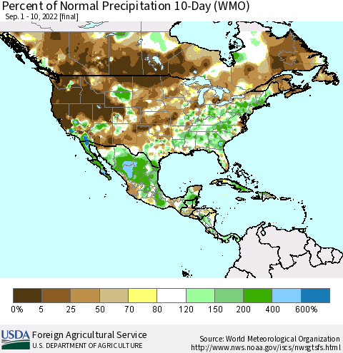 North America Percent of Normal Precipitation 10-Day (WMO) Thematic Map For 9/1/2022 - 9/10/2022
