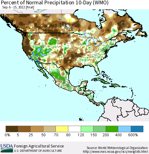North America Percent of Normal Precipitation 10-Day (WMO) Thematic Map For 9/6/2022 - 9/15/2022