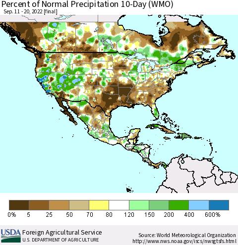 North America Percent of Normal Precipitation 10-Day (WMO) Thematic Map For 9/11/2022 - 9/20/2022