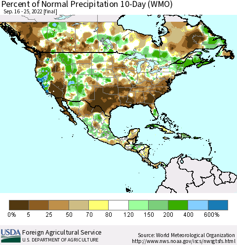 North America Percent of Normal Precipitation 10-Day (WMO) Thematic Map For 9/16/2022 - 9/25/2022