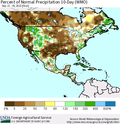 North America Percent of Normal Precipitation 10-Day (WMO) Thematic Map For 9/21/2022 - 9/30/2022
