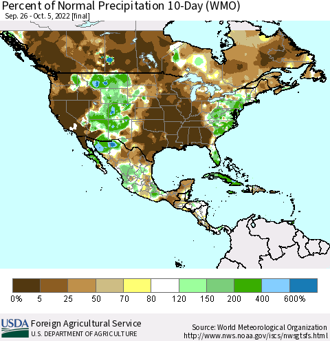 North America Percent of Normal Precipitation 10-Day (WMO) Thematic Map For 9/26/2022 - 10/5/2022