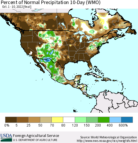North America Percent of Normal Precipitation 10-Day (WMO) Thematic Map For 10/1/2022 - 10/10/2022