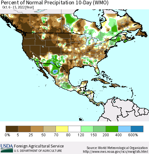 North America Percent of Normal Precipitation 10-Day (WMO) Thematic Map For 10/6/2022 - 10/15/2022