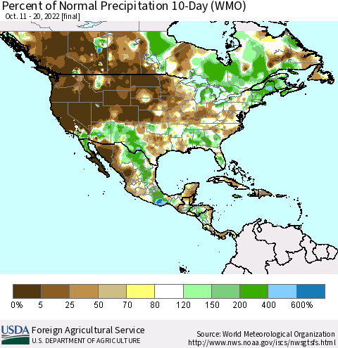 North America Percent of Normal Precipitation 10-Day (WMO) Thematic Map For 10/11/2022 - 10/20/2022