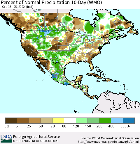 North America Percent of Normal Precipitation 10-Day (WMO) Thematic Map For 10/16/2022 - 10/25/2022