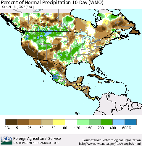 North America Percent of Normal Precipitation 10-Day (WMO) Thematic Map For 10/21/2022 - 10/31/2022