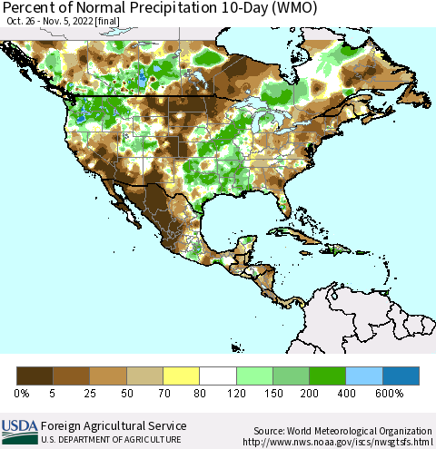 North America Percent of Normal Precipitation 10-Day (WMO) Thematic Map For 10/26/2022 - 11/5/2022