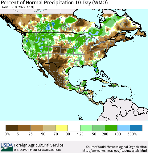 North America Percent of Normal Precipitation 10-Day (WMO) Thematic Map For 11/1/2022 - 11/10/2022
