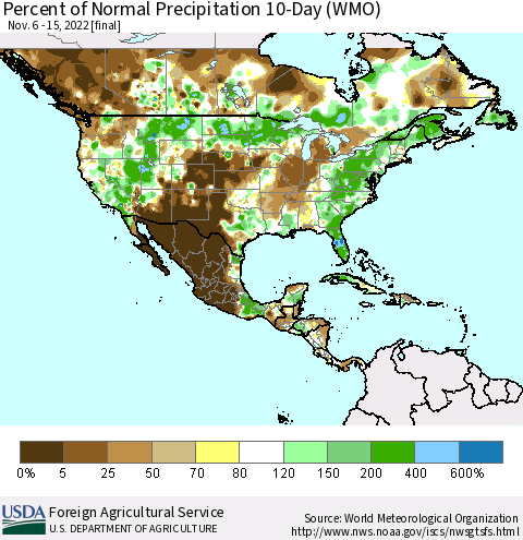 North America Percent of Normal Precipitation 10-Day (WMO) Thematic Map For 11/6/2022 - 11/15/2022
