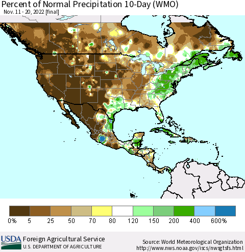 North America Percent of Normal Precipitation 10-Day (WMO) Thematic Map For 11/11/2022 - 11/20/2022