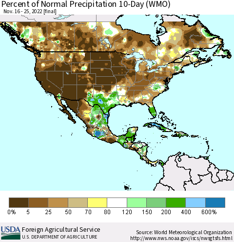 North America Percent of Normal Precipitation 10-Day (WMO) Thematic Map For 11/16/2022 - 11/25/2022