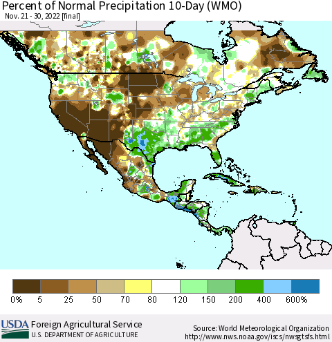 North America Percent of Normal Precipitation 10-Day (WMO) Thematic Map For 11/21/2022 - 11/30/2022