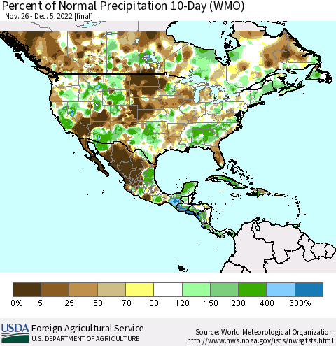 North America Percent of Normal Precipitation 10-Day (WMO) Thematic Map For 11/26/2022 - 12/5/2022