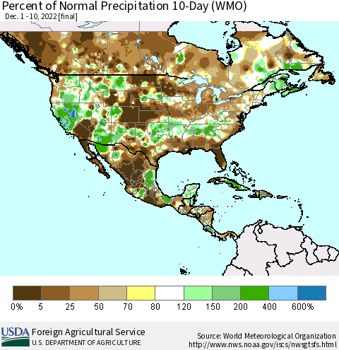 North America Percent of Normal Precipitation 10-Day (WMO) Thematic Map For 12/1/2022 - 12/10/2022