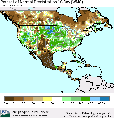 North America Percent of Normal Precipitation 10-Day (WMO) Thematic Map For 12/6/2022 - 12/15/2022