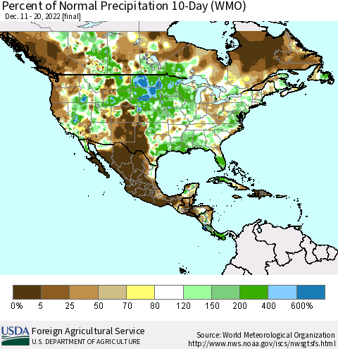 North America Percent of Normal Precipitation 10-Day (WMO) Thematic Map For 12/11/2022 - 12/20/2022